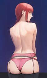 Rule 34 | 1girl, absurdres, ano (gccx8784), ass, back, braid, braided ponytail, chainsaw man, highres, light smile, looking at viewer, looking back, makima (chainsaw man), median furrow, panties, pink garter belt, pink panties, profile, red hair, reflection, ringed eyes, sidelocks, sideways glance, sitting, topless, underwear