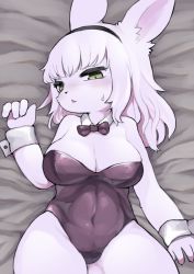 Rule 34 | 1girl, :&lt;, animal ears, bare shoulders, bed, black leotard, bow, bowtie, breasts, cleavage, covered navel, detached collar, furry, furry female, green eyes, hairband, highres, leotard, long hair, lying, on back, open mouth, original, playboy bunny, rabbit ears, rabbit girl, solo, strapless, strapless leotard, sweatdrop, thighs, white hair, wrist cuffs, yeti (mu kaiten)