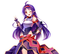 Rule 34 | 10s, 1girl, ;d, armor, detached sleeves, fingerless gloves, gloves, grandia bing, hairband, hand on own hip, long hair, looking at viewer, one eye closed, open mouth, purple armor, purple gloves, purple hair, red eyes, simple background, smile, solo, sword art online, third-party source, v, white background, yuuki (sao)