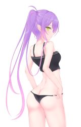 Rule 34 | 1girl, adjusting clothes, adjusting panties, ass, bad id, bad pixiv id, bare arms, black panties, black tank top, breasts, butt crack, chocomaru, commentary, ear piercing, green eyes, highres, hololive, light blush, long hair, looking at viewer, looking back, multicolored hair, panties, piercing, pointy ears, sidelocks, simple background, sleeveless, small breasts, smile, solo, tank top, tokoyami towa, twintails, two-tone hair, underwear, virtual youtuber, white background