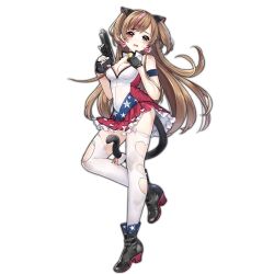 Rule 34 | 1girl, american flag, american flag print, animal ears, ankle boots, blue eyes, boots, bra, breasts, brown hair, cat ears, cat tail, cleavage, colored shoe soles, damaged, defeat, fingerless gloves, flag print, full body, girls&#039; frontline, gloves, gun, h&amp;k mark 23, handgun, heckler &amp; koch, heterochromia, high heel boots, high heels, holding, holding gun, holding weapon, long hair, looking at viewer, medium breasts, mk23 (girls&#039; frontline), multicolored hair, navel, official art, pink bra, pink hair, popped collar, red eyes, sheska xue, shirt, skirt, solo, streaked hair, tail, tears, thighhighs, torn clothes, torn thighhighs, transparent background, trigger discipline, underwear, weapon, white thighhighs