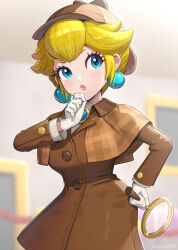 Rule 34 | 1girl, blonde hair, blue eyes, blurry, blurry background, brooch, brown coat, coat, deerstalker, depth of field, detective peach, earrings, gloves, gonzarez, hand on own chin, hat, highres, holding, holding magnifying glass, indoors, jacket, jewelry, looking to the side, looking up, magnifying glass, mario (series), nintendo, official alternate costume, official alternate hairstyle, princess peach, princess peach: showtime!, short hair, solo, sphere earrings, white gloves