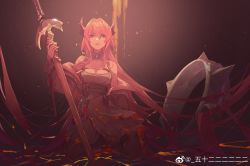 Rule 34 | 1girl, absurdres, arknights, bare shoulders, demon, demon girl, demon horns, dress, highres, horns, long hair, looking at viewer, purple eyes, red hair, solo, surtr (arknights), sword, weapon, yo648