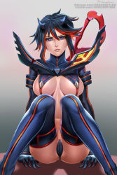Rule 34 | 10s, 1girl, badcompzero, black hair, black thighhighs, blue eyes, boots, breasts, cameltoe, kill la kill, large breasts, long hair, looking at viewer, matoi ryuuko, multicolored hair, parted lips, red hair, senketsu, solo, suspenders, thigh boots, thighhighs, thighs, underboob