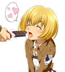 Rule 34 | 2boys, androgynous, armin arlert, brown jacket, candy, censored, chocolate, chocolate bar, cream, cropped jacket, closed eyes, feeding, food, funnyari, heart, jacket, male focus, mosaic censoring, multiple boys, pointless censoring, sexually suggestive, shingeki no kyojin, simple background, spoken heart, suggestive fluid, tongue, tongue out, v arms, white background