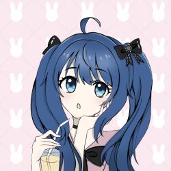 1girl alternate_hairstyle blue_eyes blue_hair drink hair_ribbon hand_on_own_face highres make_heroine_ga_oo_sugiru! medium_hair open_mouth ribbon solo twintails yanami_anna