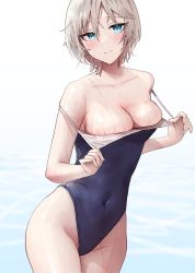 Rule 34 | 1girl, absurdres, anastasia (idolmaster), aqua eyes, blue one-piece swimsuit, blush, breasts, cleavage, clothes pull, collarbone, covered navel, groin, highres, idolmaster, idolmaster cinderella girls, light smile, looking at viewer, medium breasts, one-piece swimsuit, one-piece swimsuit pull, pulling own clothes, rum raisin (chihiromakita19), short hair, skin tight, solo, swimsuit, water, water drop, white hair