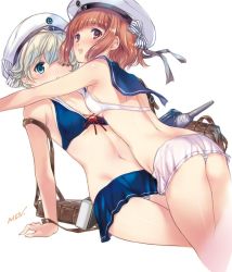 Rule 34 | 10s, 2girls, anchor, ass, bikini, black ribbon, blue bikini, blue eyes, bow, breasts, brown eyes, brown hair, commentary request, hat, hat bow, kantai collection, matching outfits, min-naraken, multiple girls, navel, one eye closed, open mouth, panties, ribbon, sailor bikini, sailor collar, sailor hat, side-tie bikini bottom, sidelocks, simple background, small breasts, striped clothes, striped panties, swimsuit, underwear, white background, white bikini, white hat, z1 leberecht maass (kancolle), z3 max schultz (kancolle)