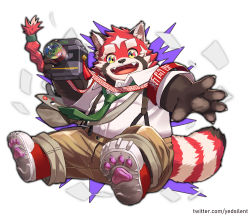 Rule 34 | 1boy, absurdres, armband, braid, brown fur, brown pants, camera, claws, collared shirt, commentary, fangs, fangs out, furry, furry male, green necktie, highres, holding, holding camera, male focus, multicolored fur, necktie, outline, pants, red fur, red panda boy, red panda ears, red panda tail, shirt, shoes, solo, suspenders, thick eyebrows, tokyo houkago summoners, twitter username, white background, white fur, white shirt, yed (yedsilent), zhurong (housamo)