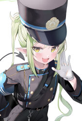Rule 34 | 1girl, absurdres, belt, black belt, black hat, black shirt, black tail, blue archive, blush, demon tail, earrings, fang, gloves, green hair, green halo, hair between eyes, halo, hat, nozomi (blue archive), highres, hwanhee, jewelry, long hair, long sleeves, open mouth, peaked cap, shirt, simple background, skin fang, smile, solo, tail, twintails, white background, white gloves, yellow eyes