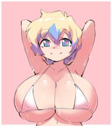 Rule 34 | 1girl, arms behind head, bikini, bikini top only, blue eyes, blush, borvar, breasts, cleavage, huge breasts, looking at viewer, multicolored hair, navel, nia teppelin, pink background, short hair, smile, solo, stomach, sweat, swimsuit, symbol-shaped pupils, tengen toppa gurren lagann, unusual pupils, upper body, white bikini
