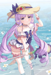 Rule 34 | 1girl, anklet, bare shoulders, bikini, bikini skirt, blunt bangs, blush, bracelet, collarbone, flat chest, flower, flower collar, frilled bikini, frilled skirt, frills, hand on headwear, hat, highres, holding, holding staff, jewelry, kyoka (summer) (princess connect!), kyoka (princess connect!), long hair, looking at viewer, low twintails, midriff, multicolored bikini, multicolored clothes, partially submerged, pointy ears, princess connect!, purple hair, ribbon, serika, sidelocks, skirt, smile, staff, sunflower, swimsuit, thighs, twintails, very long hair, water, water drop, yellow eyes