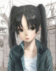 Rule 34 | 00s, 1girl, amasawa yuuko, black hair, collared jacket, dennou coil, grey eyes, jacket, lips, ponsuke (pon00000), realistic, solo, twintails