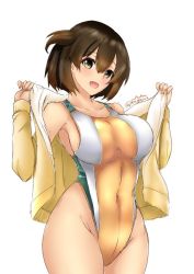 Rule 34 | 1girl, adapted costume, blush, breasts, brown hair, collarbone, competition swimsuit, covered navel, cowboy shot, hair between eyes, highleg, highleg swimsuit, hiryuu (kancolle), holding, holding clothes, holding jacket, jacket, kantai collection, kuga zankurou, large breasts, long sleeves, looking at viewer, one-piece swimsuit, one side up, open clothes, open jacket, open mouth, short hair, side ponytail, simple background, smile, solo, standing, swimsuit, swimsuit under clothes, track jacket, twitter username, white background, yellow one-piece swimsuit