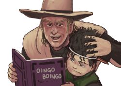 Rule 34 | 2boys, :d, absurdres, black eyes, black hair, blonde hair, boingo, book, chanta (ayatakaoisii), child, closed mouth, hat, highres, hol horse, holding, holding book, jojo no kimyou na bouken, male focus, multiple boys, open mouth, ruffling hair, simple background, smile, stardust crusaders, white background