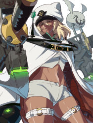 Rule 34 | 1girl, bandages, belt, cape, dark-skinned female, dark skin, guilty gear, guilty gear strive, hair between eyes, highres, huge weapon, long hair, looking at viewer, looking down, midriff, navel, orange eyes, platinum blonde hair, ramlethal valentine, short shorts, shorts, simple background, solo, sword, thick thighs, thigh strap, thighs, tina fate, weapon, white background, white cape