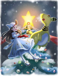 Rule 34 | 1girl, :d, ^ ^, ampharos, back bow, backlighting, bare shoulders, bell, beret, bow, breasts, brown eyes, brown hair, christmas, christmas tree, closed eyes, commentary request, creatures (company), dress, elbow gloves, eyelashes, floating, game freak, gen 2 pokemon, gloves, glowing, hat, highres, jasmine (holiday 2022) (pokemon), jasmine (pokemon), long hair, looking at another, night, night sky, nintendo, nosada nosawo, one side up, open mouth, ornament, pantyhose, pokemon, pokemon (creature), pokemon masters ex, red gloves, shoes, sky, small breasts, smile, snowing, star (sky), star (symbol), twitter username, watermark, white dress, white footwear, white gloves, white headwear, white pantyhose