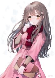 Rule 34 | 1girl, artist name, bad id, bad pixiv id, bag, blush, breath, brown eyes, brown hair, coat, emyo, fringe trim, hair ornament, hairpin, hand up, handbag, holding, holding bag, long hair, looking at viewer, matching hair/eyes, mittens, original, parted lips, pink coat, red scarf, scarf, signature, smile, snow, solo, sweater