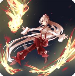 Rule 34 | 1girl, cross-laced footwear, female focus, fire, fujiwara no mokou, genesil, izanami ookami, long hair, long sleeves, outstretched arms, pants, ponytail, shoes, sil (panchuari), silver hair, smile, solo, spread arms, suspenders, touhou, very long hair