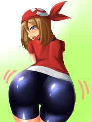 Rule 34 | 1girl, artist request, ass, ass focus, ass shake, back, bandana, bike shorts, blue eyes, blush, brown hair, cowboy shot, creatures (company), female focus, from behind, game freak, gradient background, green background, highres, hip focus, huge ass, looking at viewer, looking back, may (pokemon), murasame (pixiv 38411450), murasame (tmurasamek), nintendo, pantylines, pokemon, pokemon rse, presenting, profile, simple background, smile, solo, tan, wide hips