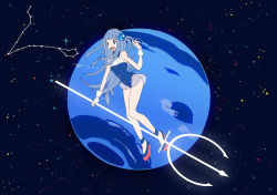 Rule 34 | 1girl, bad id, bad pixiv id, bare legs, blue eyes, blue hair, buttons, constellation, floating, hair ornament, kurokeisin, long hair, matching hair/eyes, neptune, neptune symbol, open mouth, original, pisces (constellation), planet, polearm, see-through, side ponytail, sky, solo, space, star (sky), starry sky, trident, very long hair, weapon, wrist cuffs