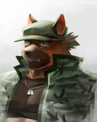 Rule 34 | 1boy, absurdres, animal ears, animal nose, bara, black shirt, brown fur, camouflage, camouflage jacket, collared jacket, commentary, dog boy, dog ears, dog tags, ears through headwear, fangs, fangs out, field cap, furry, furry male, gradient background, green eyes, green hat, grey background, hat, highres, jacket, low ponytail, male focus, military hat, muscular, muscular male, popped collar, scar, scar on face, shirt, solo, sumi wo hakuneko, tearing up, thick eyebrows, tokyo houkago summoners, upper body, white background, yasuyori (housamo)
