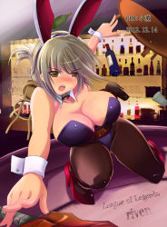 Rule 34 | 10s, 1girl, 2012, absurdres, animal ears, bar (place), battle bunny riven, black pantyhose, blush, bottle, bouncing breasts, breasts, brown eyes, brown hair, building, cleavage, collar, collarbone, dated, detached collar, fake animal ears, highres, house, huge breasts, indoors, league of legends, legs, leotard, mansion, open mouth, outdoors, pantyhose, playboy bunny, rabbit ears, riven (league of legends), sakura kaoru, solo, stairs, sword, table flip, weapon, wrist cuffs
