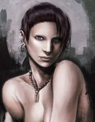 Rule 34 | 1girl, bad id, bad pixiv id, earrings, eyebrow piercing, female focus, jewelry, lip piercing, lisbeth salander, necklace, nidoro, nose piercing, piercing, rooney mara, solo, the girl with the dragon tattoo, topless frame, upper body