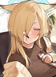 Rule 34 | 1girl, alternate costume, animal ear fluff, animal ears, black sweater, blonde hair, blue archive, blush, cardigan, closed eyes, commentary, doodle sensei (blue archive), facing viewer, food, hair over one eye, halo, highres, holding, incoming pocky kiss, kanna (blue archive), long hair, long sleeves, mouth hold, open cardigan, open clothes, plant, pocky, sensei (blue archive), solo, sweat, sweater, twitter username, uhuhu, upper body