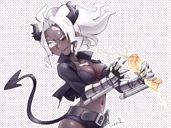 Rule 34 | 1girl, black horns, black jacket, blush, breasts, cleavage, collarbone, colored skin, cream, cream on body, cream on face, cropped jacket, demon girl, demon horns, demon tail, food, food on face, gauntlets, gloves, grey skin, helltaker, highres, holding, holding clothes, holding gloves, horns, jacket, judgement (helltaker), long hair, long sleeves, medium breasts, navel, noah (tettsui-sole), one eye closed, pancake, parted bangs, screentones, sexually suggestive, shiny skin, skindentation, solo, stomach, tail, wavy mouth, white hair