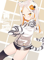 Rule 34 | 1girl, :o, animal ear fluff, animal ears, animal hands, black skirt, black thighhighs, blade (galaxist), commentary request, gloves, hood, hood down, hooded jacket, jacket, long hair, long sleeves, multicolored hair, orange eyes, orange hair, original, parted bangs, parted lips, paw gloves, pleated skirt, puffy long sleeves, puffy sleeves, skirt, sleeves past wrists, solo, streaked hair, tail, thighhighs, tiger ears, tiger girl, tiger tail, two-tone hair, white gloves, white hair, white jacket