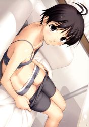 Rule 34 | 00s, 1girl, androgynous, antenna hair, bike shorts, black eyes, black hair, clothes pull, collarbone, couch, downblouse, dutch angle, flat chest, groin, highres, idolmaster, idolmaster (classic), kikuchi makoto, looking at viewer, lowleg, lowleg panties, panties, pulled by self, reverse trap, short hair, shorts, shorts pull, sitting, solo, table, tanaka shoutarou, underwear, undressing