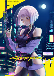 Rule 34 | 1girl, bare shoulders, black bodysuit, bodysuit, breasts, cigarette, copyright name, cyberpunk (series), cyberpunk edgerunners, eyeliner, grey hair, grin, highres, hip vent, holding, holding cigarette, jacket, large breasts, long sleeves, looking at viewer, lucy (cyberpunk), multicolored hair, night, night sky, off shoulder, open clothes, open jacket, purple eyes, red eyeliner, ryuuneart, short hair, sidelocks, sky, smile, smoking, solo, thighs, white jacket, window