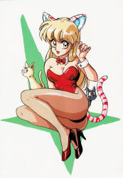 Rule 34 | 1girl, animal ears, ass, blonde hair, breasts, cat, cat ears, cat tail, cleavage, detached collar, earrings, fishnet legwear, fishnets, high heels, highres, jewelry, leotard, long hair, looking at viewer, medium breasts, mon mon, open mouth, pumps, red footwear, red leotard, retro artstyle, simple background, solo, striped tail, tail, teeth, twisted torso, upper teeth only, white background, wrist cuffs, yellow eyes