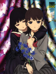 Rule 34 | 00s, 2girls, absurdres, black hair, black serafuku, blazer, blue eyes, blue flower, blue spider lily, blunt bangs, bow, bowtie, brown hair, copyright name, enma ai, floral print, flower, hair ornament, hairclip, half-closed eyes, highres, hime cut, holding, holding flower, holding hands, hug, hug from behind, jacket, jigoku shoujo, lily (flower), lily print, long sleeves, looking at viewer, mikage yuzuki, multiple girls, official art, oka mariko, parted lips, pleated skirt, red bow, red bowtie, red eyes, scan, school uniform, serafuku, skirt, spider lily