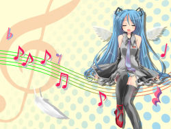 Rule 34 | 1girl, bare shoulders, blue hair, closed eyes, crotchet rest, detached sleeves, feathers, flat sign, gakky, hatsune miku, long hair, music, musical note, open mouth, panties, pantyshot, quaver, quaver rest, singing, solo, staff (music), striped clothes, striped panties, thighhighs, trebel clef, treble clef, underwear, very long hair, vocaloid, wings