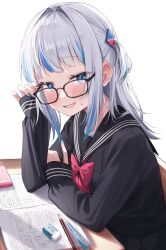 Rule 34 | 1girl, absurdres, adjusting eyewear, black sailor collar, black serafuku, blue eyes, blue hair, blue nails, blunt bangs, blush, bow, bowtie, commentary, desk, eraser, flying sweatdrops, gawr gura, glasses, green tea (greente42869067), grey hair, hair intakes, hair ornament, highres, hololive, hololive english, long hair, long sleeves, looking at viewer, multicolored hair, on chair, one side up, open mouth, pen, pencil, red bow, red bowtie, sailor collar, school desk, school uniform, serafuku, shark hair ornament, sidelocks, simple background, sitting, sleeves past wrists, solo, streaked hair, sweatdrop, virtual youtuber, white background