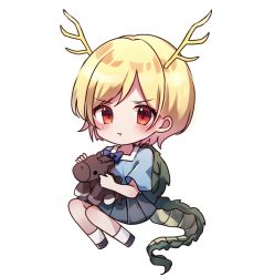 Rule 34 | 1girl, animal ears, antlers, black eyes, blonde hair, blouse, blue shirt, blush, bow, chibi, closed mouth, commentary request, dark skin, dragon tail, grey footwear, grey skirt, hands up, highres, horns, horse, horse ears, horse tail, hug, kicchou yachie, looking at viewer, moshihimechan, purple bow, red eyes, shirt, shoes, short hair, short sleeves, simple background, sitting, skirt, socks, solo, stuffed animal, stuffed horse, stuffed toy, tail, touhou, toy, turtle shell, v-shaped eyebrows, white background, white socks