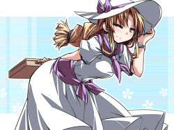 Rule 34 | 1girl, ;), bent over, blonde hair, bow, braid, brown eyes, dress, hand on headwear, hat, hat bow, hemogurobin a1c, long hair, louise (touhou), neckerchief, one eye closed, puffy short sleeves, puffy sleeves, sash, short sleeves, smile, solo, suitcase, sun hat, touhou, touhou (pc-98), watch, white dress, wristwatch