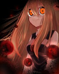 Rule 34 | 1girl, black dress, blonde hair, blood drop, breasts, closed mouth, collared shirt, commentary request, dress, ex-rumia, hair between eyes, hair in own mouth, highres, long bangs, long hair, long sleeves, looking at viewer, medium breasts, necktie, orange eyes, red necktie, rumia, shirt, sleeveless, sleeveless dress, smile, solo, toho 10008, touhou, upper body, white shirt, wide-eyed