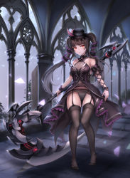 Rule 34 | 1girl, absurdres, architecture, bare shoulders, black dress, black hair, black hat, black panties, black thighhighs, breasts, covered navel, crotch seam, detached sleeves, dress, dusk, full body, garter belt, garter straps, gothic architecture, gothic lolita, hair ornament, hat, highres, holding, holding scythe, holding weapon, huge weapon, indoors, kie (wylee2212), lily bloomerchen, lolita fashion, long hair, looking at viewer, medium breasts, no shoes, panties, red eyes, revealing clothes, scythe, see-through, solo, soulworker, standing, thighhighs, thighs, top hat, twintails, underwear, weapon, wrist cuffs