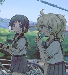 Rule 34 | 2girls, ahoge, alternate costume, bicycle, black hair, black skirt, blonde hair, blush, chito (shoujo shuumatsu ryokou), day, food, food in mouth, green neckerchief, highres, long hair, looking at another, looking away, low twintails, multiple girls, neckerchief, open mouth, outdoors, pleated skirt, popsicle, popsicle in mouth, rnfhv, school uniform, short hair, short ponytail, short sleeves, shoujo shuumatsu ryokou, skirt, sweat, twintails, yuuri (shoujo shuumatsu ryokou)