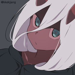 Rule 34 | 1girl, :/, blue eyes, bright pupils, cloak, closed mouth, colored skin, commentary, darling in the franxx, grey background, hair between eyes, horns, long hair, looking at viewer, pink pupils, portrait, red skin, ringed eyes, simple background, solo, texus, twitter username, white hair, zero two (darling in the franxx)
