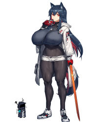 Rule 34 | 1girl, abs, arknights, arm up, belt, black gloves, black hair, bodystocking, bodysuit, bodysuit under clothes, breasts, chibi, chibi inset, coat, covered navel, crop top, cropped sweater, doctor (arknights), eating, female focus, food, fur-trimmed coat, fur-trimmed jacket, fur-trimmed sleeves, fur collar, fur trim, gloves, hair between eyes, heart, heart necklace, highres, hip bones, holding, holding food, holding sword, holding weapon, huge breasts, id card, jacket, jewelry, legs apart, long hair, looking at viewer, looking to the side, melon22, multicolored hair, muscular, muscular female, necklace, official alternate costume, open clothes, open coat, open jacket, orange eyes, pocket, pocky, red gloves, red hair, shiny clothes, shoes, short shorts, shorts, sidelocks, sneakers, standing, sweater, sword, tail, texas (arknights), texas (winter messenger) (arknights), turtleneck, two-tone gloves, two-tone hair, underboob, very long hair, weapon, white background, white coat, white jacket, white shorts, wolf girl, wolf tail