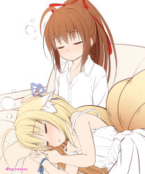 Rule 34 | 2girls, ahoge, animal ear fluff, animal ears, bare arms, bare shoulders, bell, blonde hair, blue ribbon, blush, brown hair, closed eyes, collarbone, collared shirt, couch, dress, dress shirt, feet out of frame, fox ears, fox girl, hair between eyes, hair ribbon, haryuu (poetto), headpat, highres, jingle bell, kitsune, lap pillow, long hair, lying, multiple girls, on couch, on side, original, parted lips, ponytail, red ribbon, ribbon, shirt, simple background, sitting, sleeping, strap slip, twitter username, very long hair, white background, white dress, white shirt