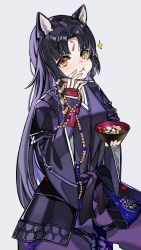 Rule 34 | 1girl, :t, animal ears, arknights, arm guards, black hair, black kimono, blush, bowl, brown eyes, closed mouth, commentary request, dog ears, dog girl, eating, forehead, highres, holding, holding bowl, japanese clothes, kimono, long hair, long sleeves, looking at viewer, pants, parted bangs, purple pants, saga (arknights), simple background, smile, solo, sparkle, very long hair, werlt, white background, wide sleeves