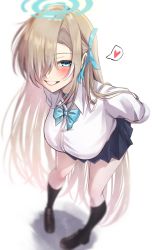 Rule 34 | 1girl, absurdres, asuna (blue archive), blonde hair, blue archive, blue eyes, bow, bowtie, breasts, halo, heart, highres, large breasts, school uniform, shoes, skirt, smile, spoken heart, white background, yoshimoto (carpsukidayo)