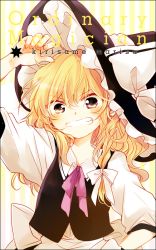 Rule 34 | 1girl, blonde hair, bow, braid, grin, hair bow, hand to head, hat, hat bow, kirisame marisa, poprication, revision, side braid, smile, solo, touhou, wavy hair, witch hat, yellow eyes