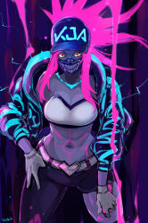 Rule 34 | 1girl, akali, asymmetrical legwear, baseball cap, belt, bodypaint, breasts, butcha-u, can, crop top, gloves, hat, highres, holding, holding can, jacket, k/da (league of legends), k/da akali, league of legends, long hair, looking at viewer, mask, medium breasts, midriff, mouth mask, navel, neon trim, official alternate costume, pink hair, ponytail, print headwear, print mask, sidelocks, solo, spray can, uneven legwear, yellow eyes