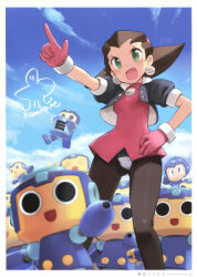 Rule 34 | 1boy, 1girl, absurdres, arm cannon, artist name, blue sky, blush, breasts, brown hair, buttons, cloud, cloudy sky, day, dress, earrings, gloves, green eyes, hairband, hand on own hip, helmet, highres, holding, index finger raised, jewelry, long hair, mega man (character), mega man (classic), mega man (series), mega man legends (series), official art, open mouth, outdoors, page number, pantyhose, pink gloves, pink hairband, pointing, puffy short sleeves, puffy sleeves, robot, scan, servbot (mega man), shimada fumikane, short dress, short sleeves, signature, simple background, skin tight, sky, small breasts, smile, the misadventures of tron bonne, tron bonne (mega man), weapon